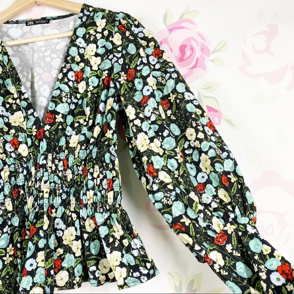 ZARA Blouse S Floral Cottagecore Peplum Long Puff Sleeves - Picture 3 of 11